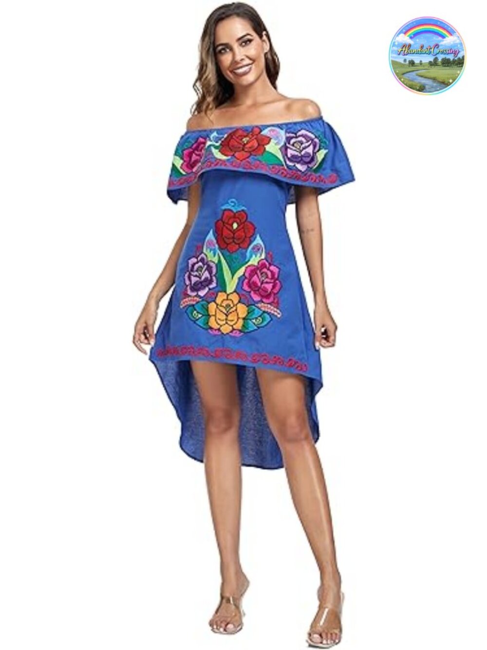 Mexican Floral Embroidered Off Shoulder Party Dress Boho Cotton A-Line